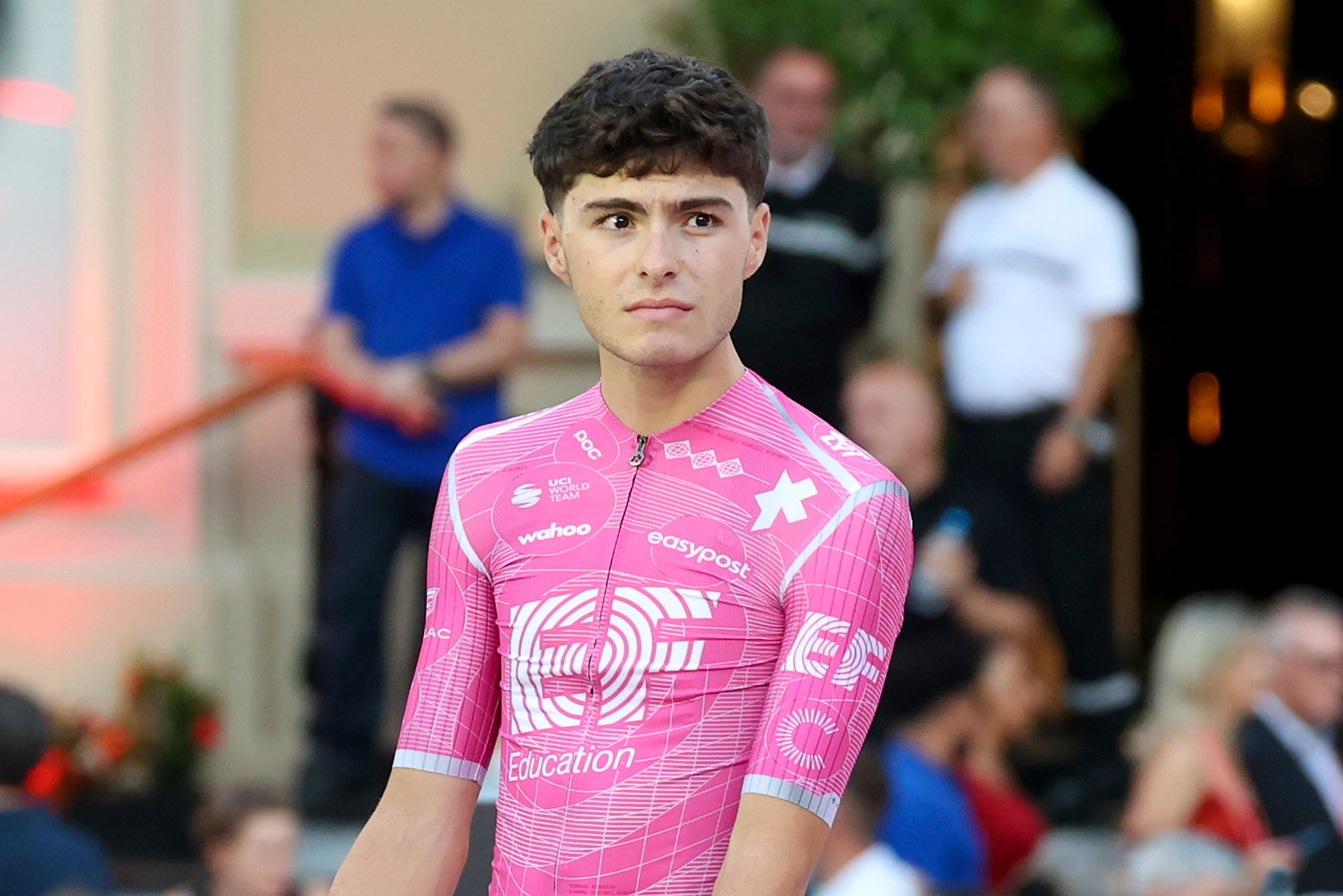 Markel Beloki on stage at the 2026 Vuelta a Espa&ntilde;a team presentation in Monaco