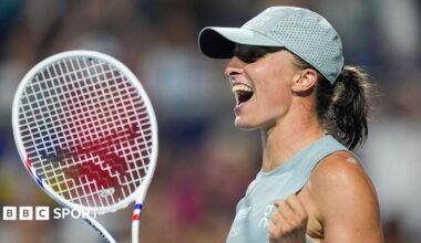 Iga Swiatek celebrates celebrates winning a point during the Canadian Open