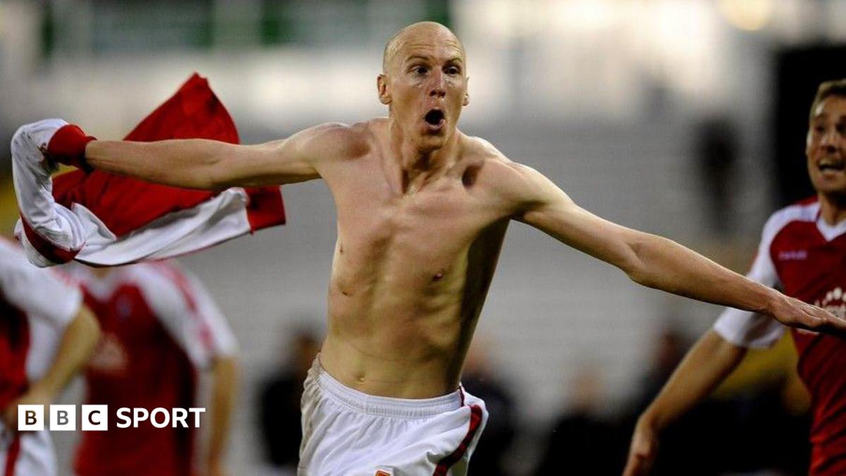 Kevin Ellison celebrates scoring for Rotherham United in a play-off game against Aldershot Town in 2010