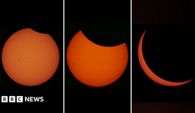 Three images of a solar eclipse showing a orange sphere on a black background. In the first image it has a small semi circle of black in the top right, in the second this black semi circle is covering about a fifth of the orange sphere, and in the last image the sphere has become a thin orange crescent surrounded by black