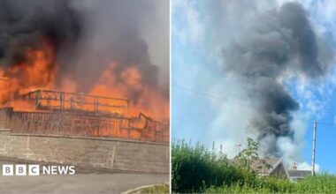 Two photos; one shows flames covering the front of a property and the other shows think black smoke rising high over homes