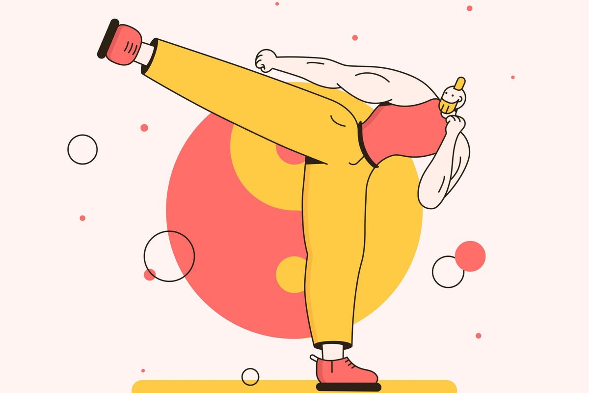A graphic illustration of a man kicking, with circles in the background