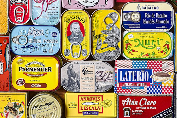 A selection of sardine tins with retro packaging