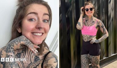 Two-way split of psychologist Dr Alyssa Grocutt who is tattooed all over her body apart from her face.
