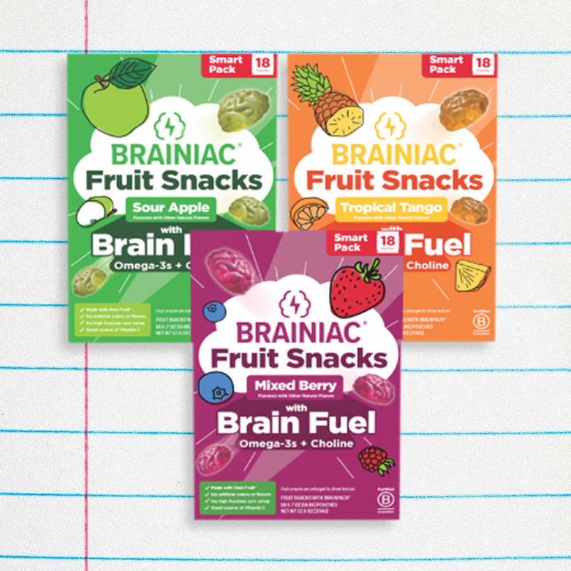 Three varieties of BRAINiac Fruit Snacks: Sour Apple, Tropical Tango, and Mixed Berry, with brain-boosting ingredients. Three varieties of BRAINiac Fruit Snacks: Sour Apple, Tropical Tango, and Mixed Berry, with brain-boosting ingredients.