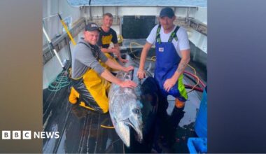 Three crew members on board The Dominator with a large bluefin tuna.