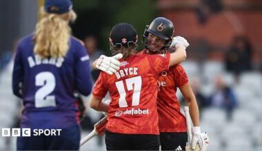 Emma Jones (right) and Kathryn Bryce celebrate the first of The Blaze's two wins on Finals Day in Manchester