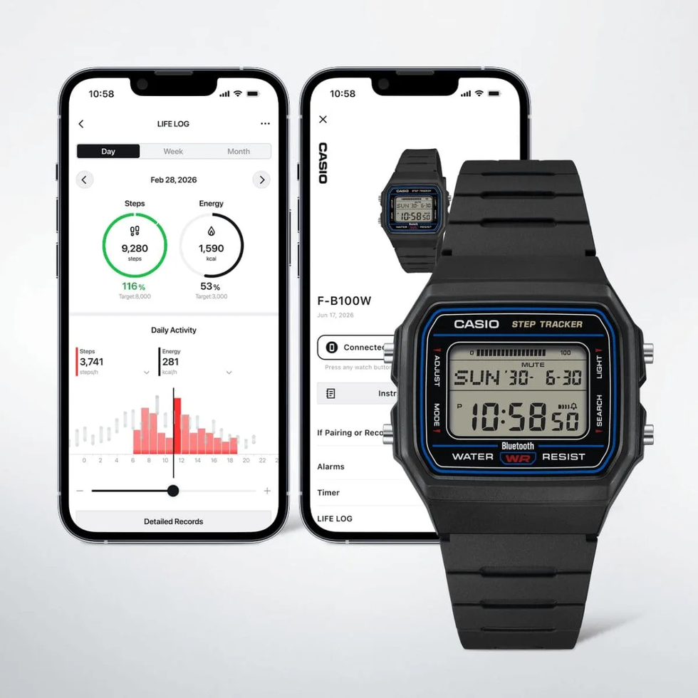casio step tracker watch with smartphone app displaying steps, energy, and daily activity.