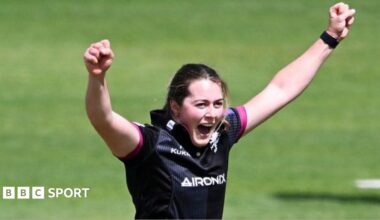 Somerset bowler Ellie Anderson celebrates a wicket against Durham at Taunton.