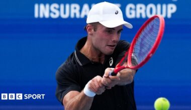 Arthur Fery hitting the ball during his quarter-final victory at the Winston-Salem Open