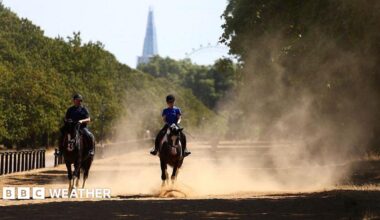 Riders kick up the dust during a gallop on the scorched grass of Hyde Park, in central London