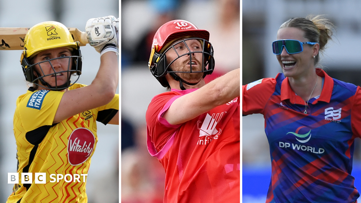 A split graphic of Nat Sciver-Brunt and Phil Salt batting and Lauren Bell celebrating a wicket