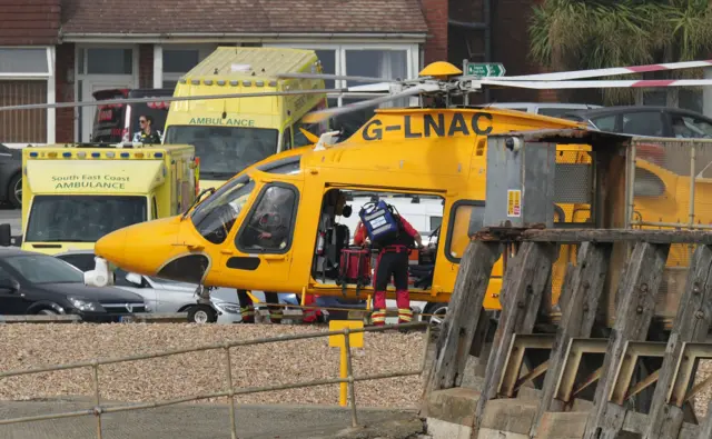 An orange helicopter