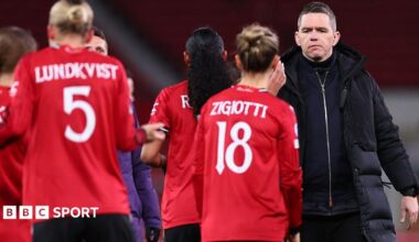 Marc Skinner and Man Utd players after their Women's Champions League exit last season