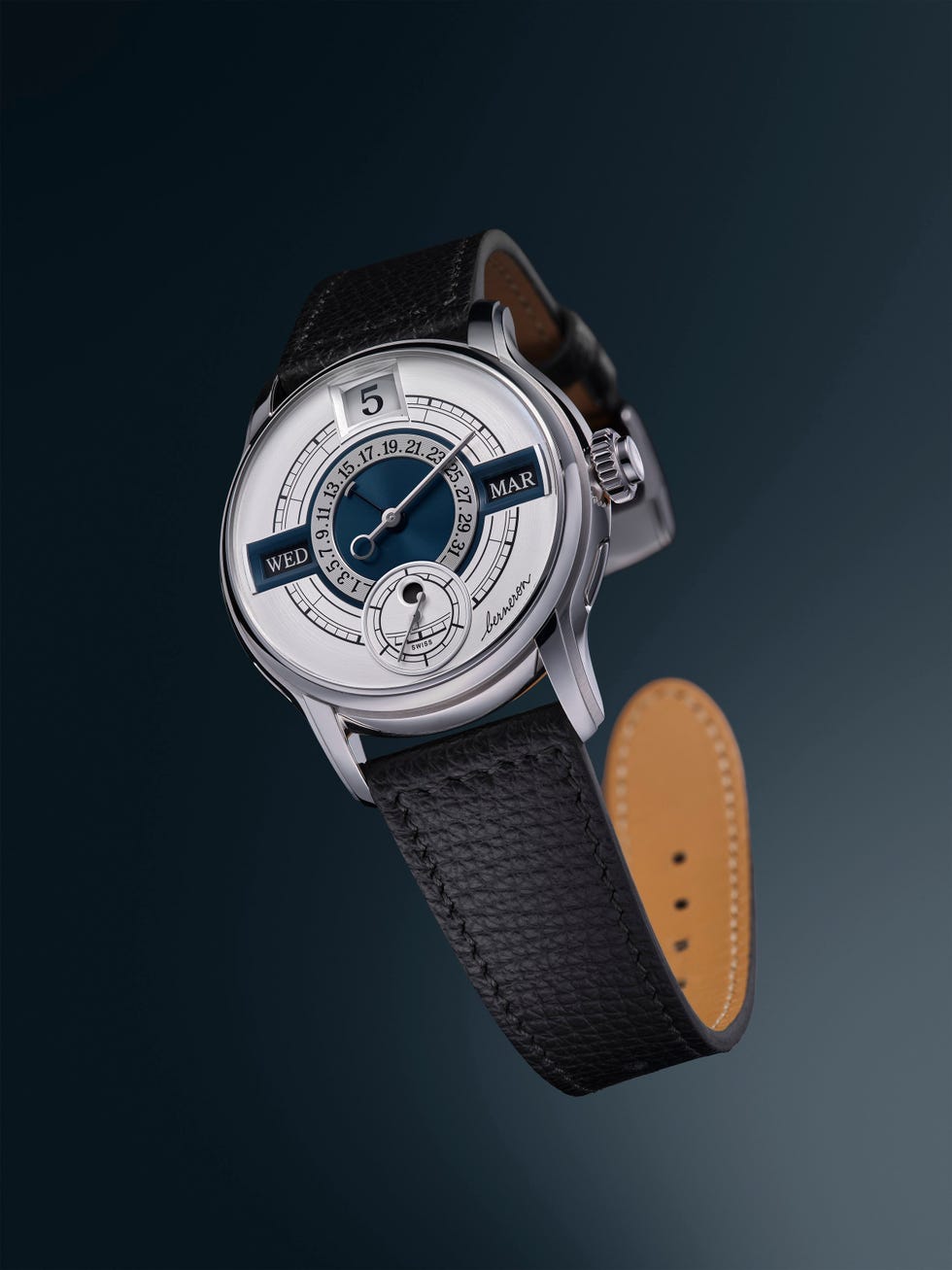 Luxury watch with a silver case, blue dial, and black leather strap displaying date and day features. Luxury watch with a silver case, blue dial, and black leather strap displaying date and day features.