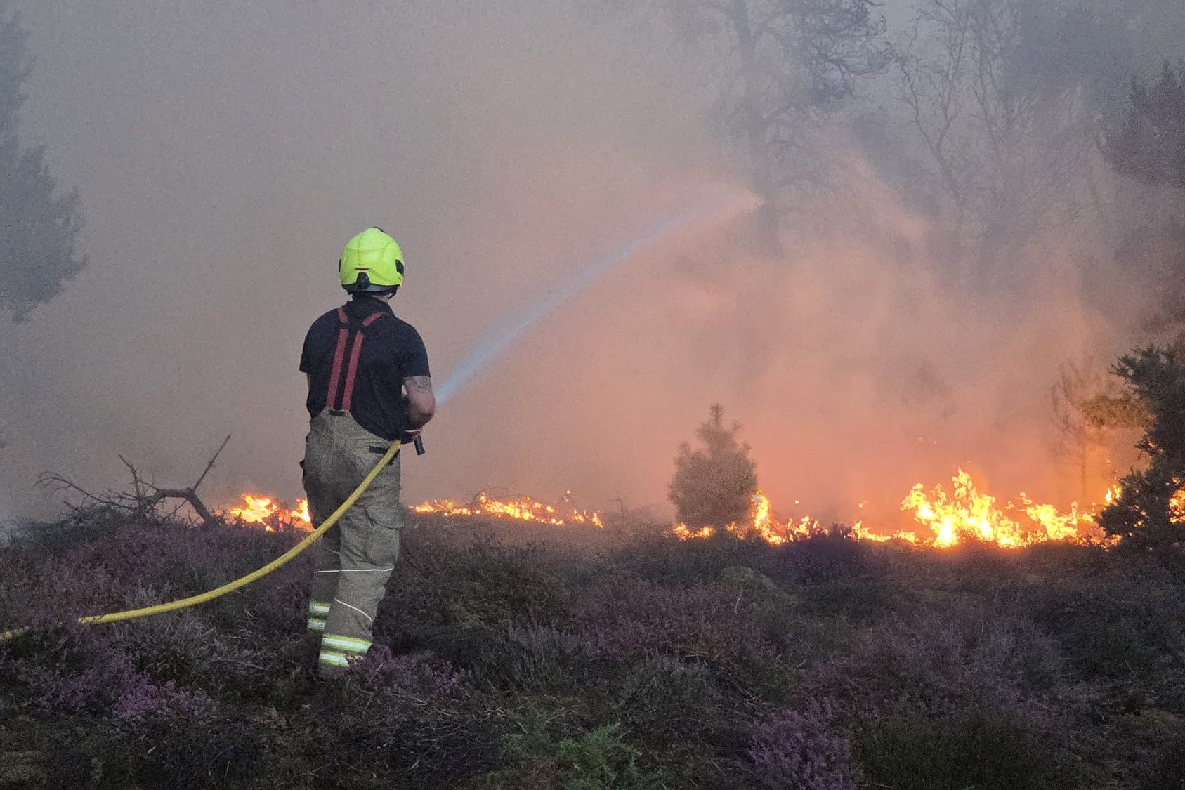 Firefighters at the scene of a wildfire at Dunwich Heath, near Leiston