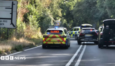 Police cars can be seen in the road with other unmarked vehicles blocking the route. There is a road sign on the left with trees lining the road.