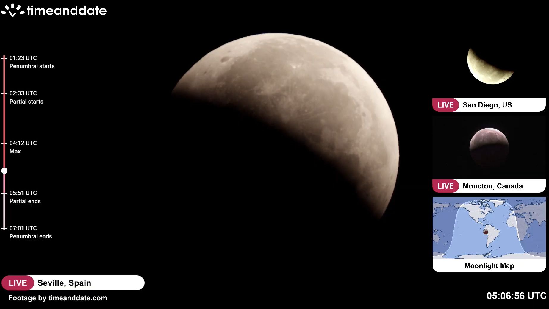close up view of the deep partial lunar eclipse with around half the moon illuminated