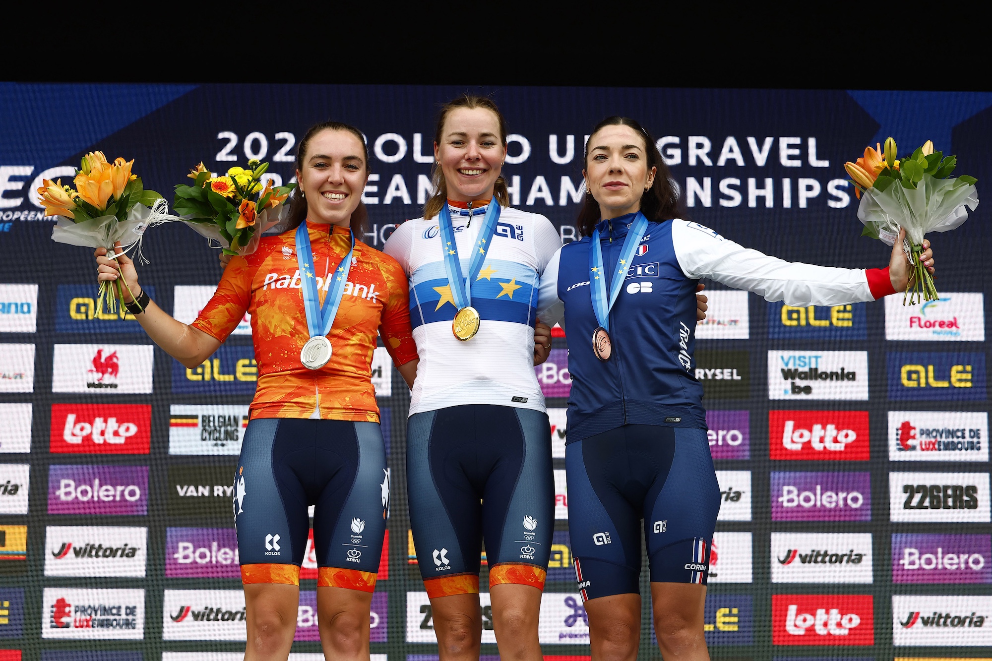 Femke Markus (Netherlands) claims the title at the UEC Gravel European Championships in Houffalize 2026 with Shirin van Anrooij (Netherlands) second and Axelle Dubau-Pr&eacute;vot (France) third