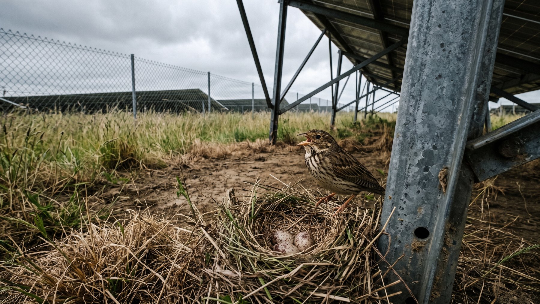 Corn bunting at nest beneath solar farm panel post in Oxfordshire field, ground nesting corn