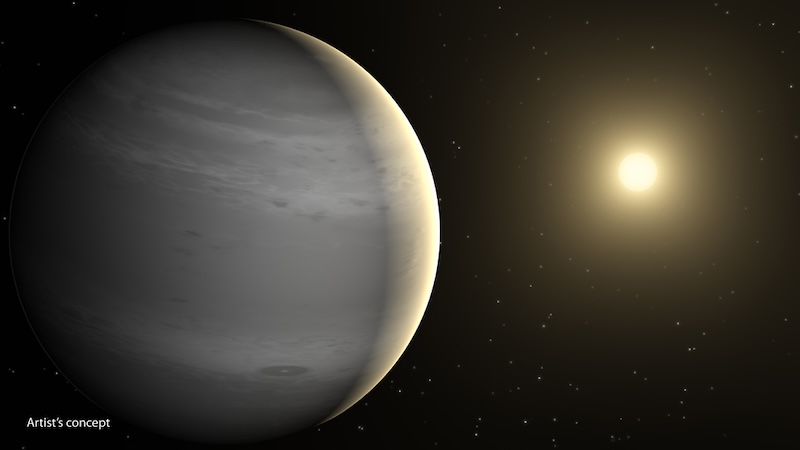 Life in helium atmospheres: Gray planet with whitish bands in its atmosphere and its sun in the distance.