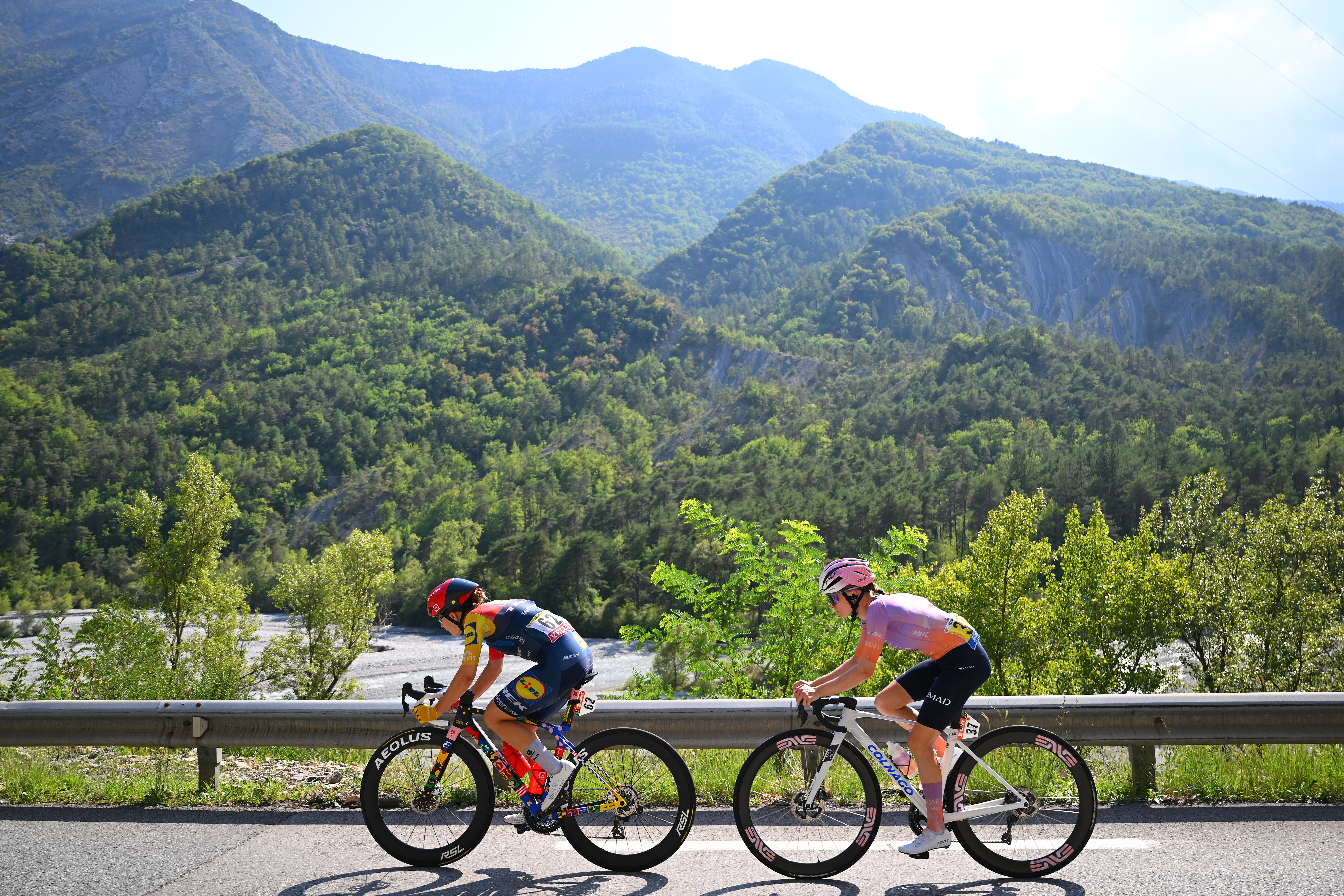 NICE, FRANCE - AUGUST 08: (L-R) Loes Adegeest of Netherlands and Team Lidl - Trek and Maeva Squiban of France and UAE Team L&amp;apos;IMAD compete in the breakaway during the 5th Tour de France Femmes 2026, Stage 8 a 171.9km stage from Sisteron to Nice / #UCIWWT / on August 08, 2026 in Nice, France. (Photo by Tim de Waele/Getty Images)