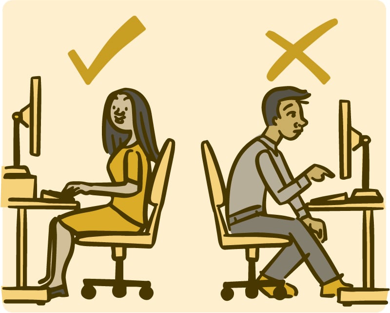 A graphic explains good v bad posture at a desk to avoid ‘shrimp posture’