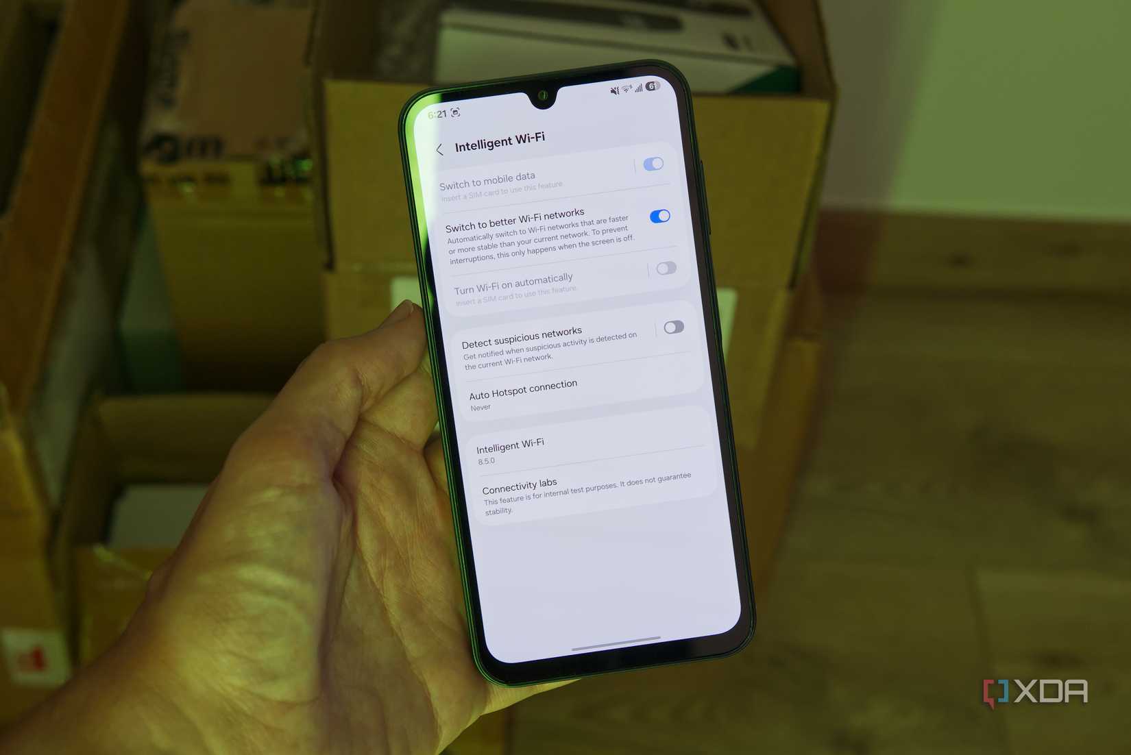 A Samsung phone displaying the Intelligent Wi-Fi page in the Settings app