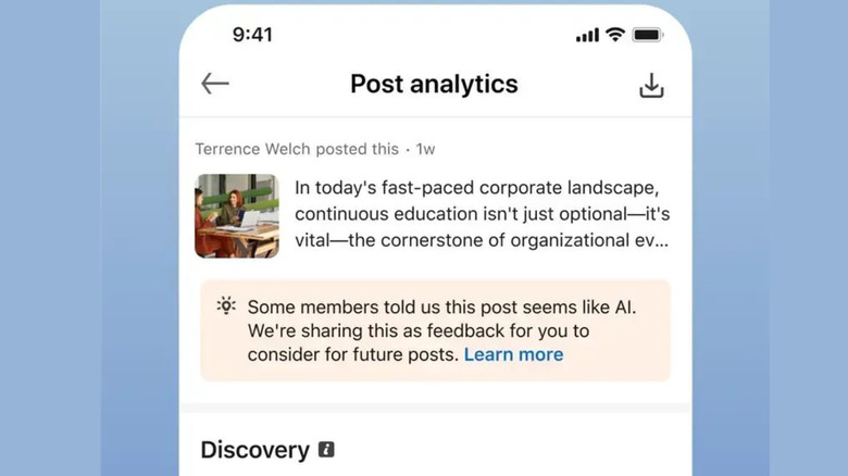 A screenshot of LinkedIn's post analytics showing a badge that "some members told us this post seems like AI."