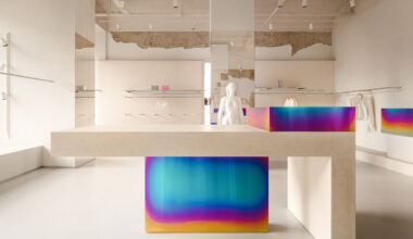 iridescent metal and textured plaster shape rikky hype showroom in kyiv