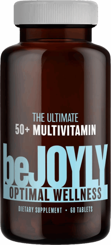 A brown glass bottle with a white cap contains beJOYLY THE ULTIMATE 50+ MULTIVITAMIN OPTIMAL WELLNESS DIETARY SUPPLEMENT 60 TABLETS in white and light blue lettering.