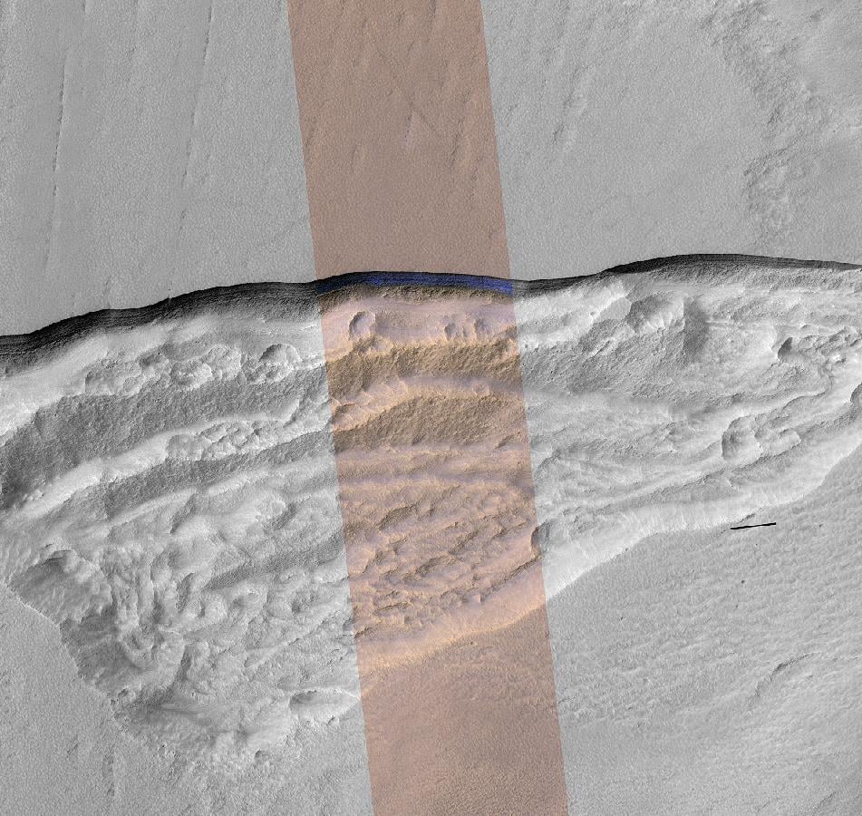 A wedge shaped pit in the Martian mid latitudes. Erosion has cut through the surface and opened a window onto a buried ice sheet (Credit : NASA/JPL-Caltech/UA/USGS)