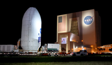 A nighttime shot of the Nancy Grace Roman Space Telescope encapsulated in its payload fairing, traveling to the SpaceX hangar at Launch Complex 39A at NASA’s Kennedy Space Center.