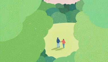 a painting of a lush green opening with two people walking in the center