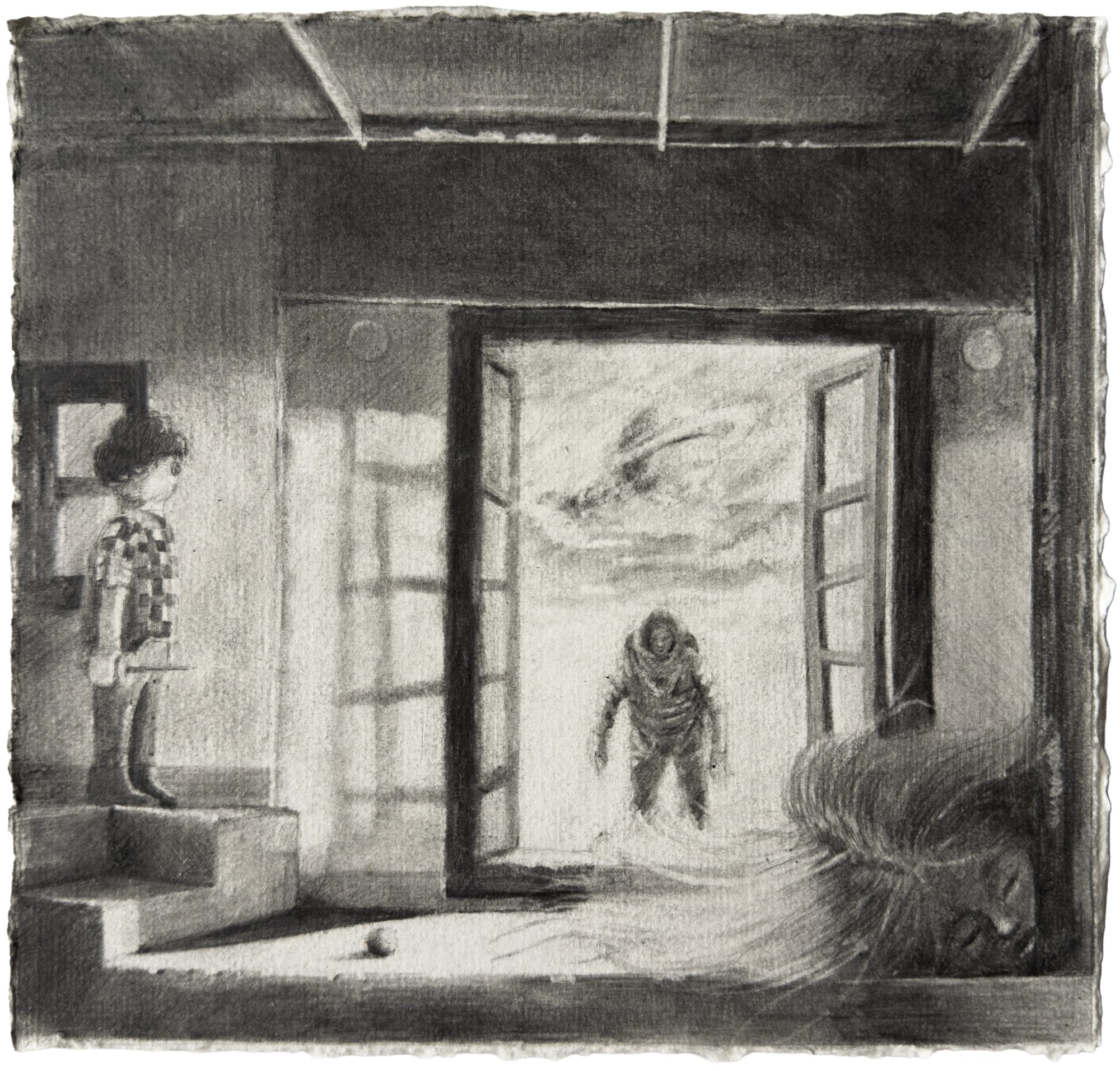 a drawing by Isaiah Lee of a toy lego figure standing guard while a toy astronaut appears in an open doorway. a large head lies in the foreground