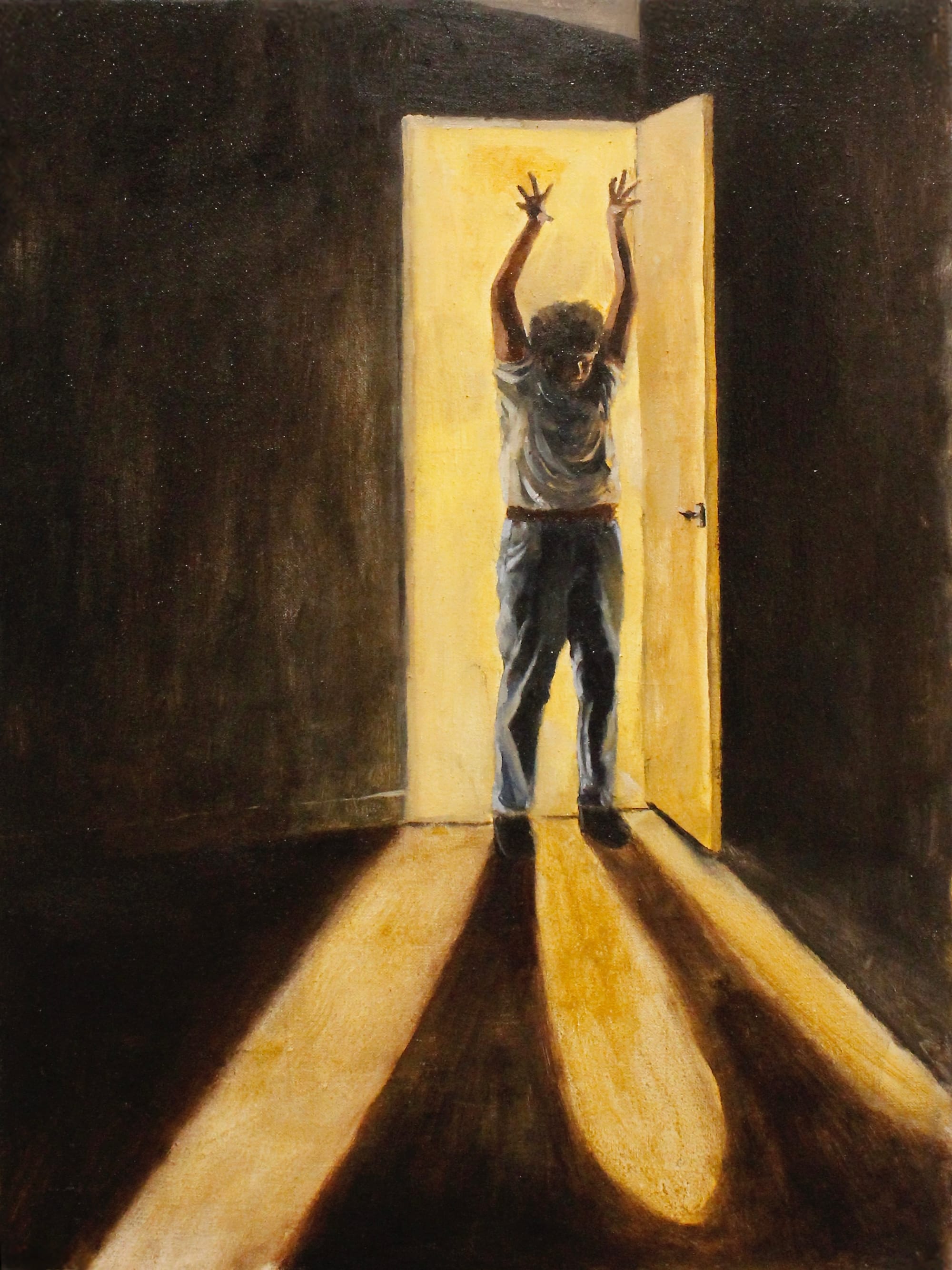 a painting by isaiah lee of a figure standing in an open doorway making a gesture to reveal his shadow