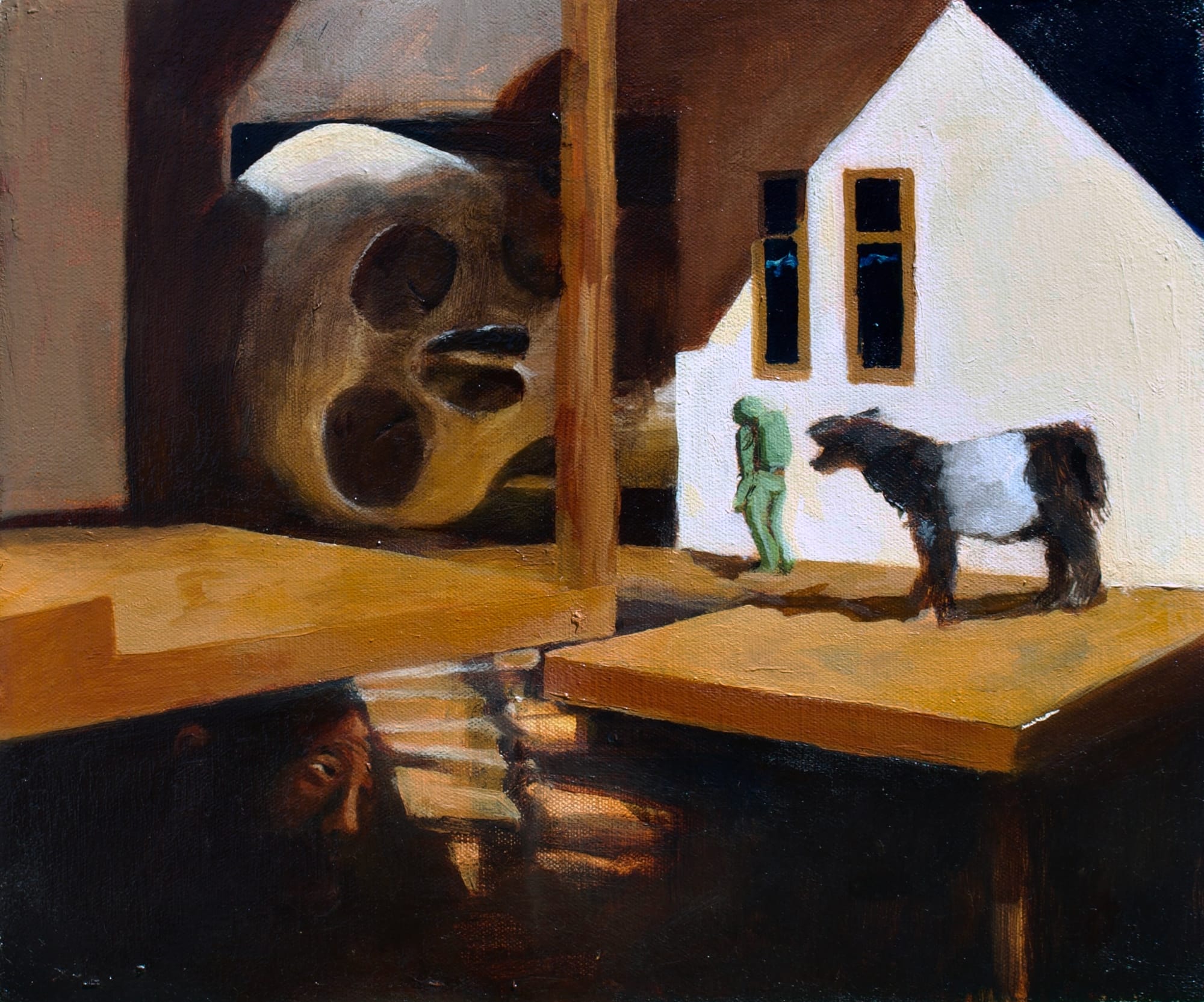 a painting by Isaiah Lee of a green army toy leading livestock through a doll house with a large skull nearby. a man hides beneath the stairs
