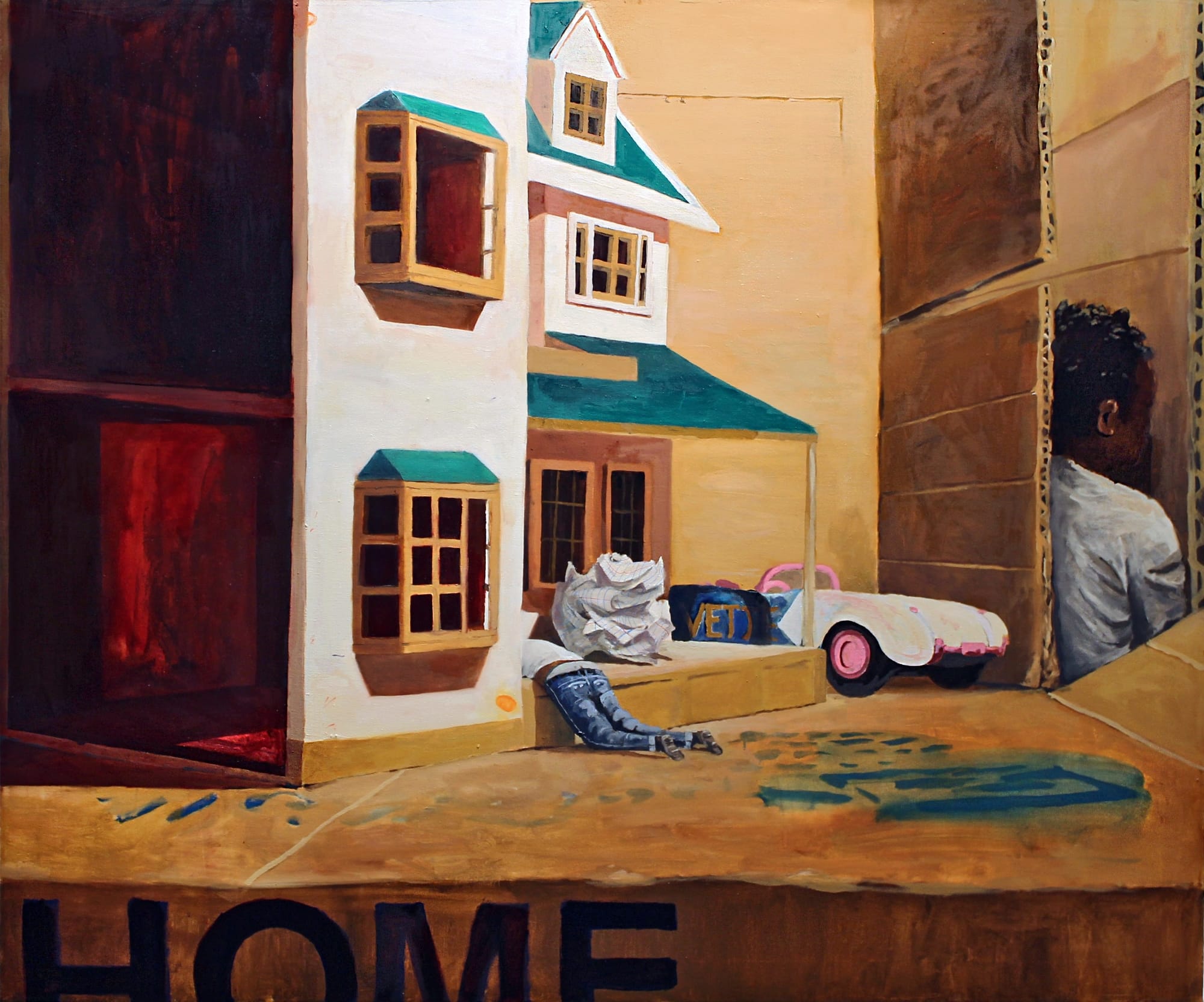 a painting by Isaiah Lee of a dollhouse, with a figure slumped over the porch. a boy hides between two pieces of cardboard in the background