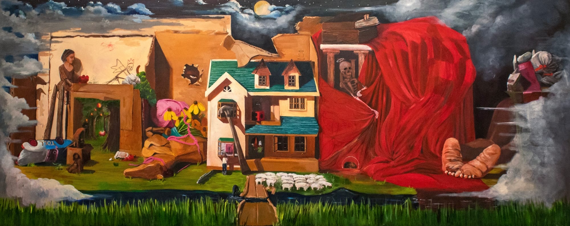 a wide painting by Isaiah Lee of a dollhouse scene surrounded by a melange of toys and a red textile with small feet sticking out