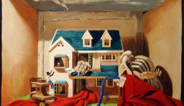 a painting by Isaiah Lee of a dollhouse, skeleton, and red cloth. a skeletal hand reaches out from the dollhouse while one figure gestures toward a window, while another peers out