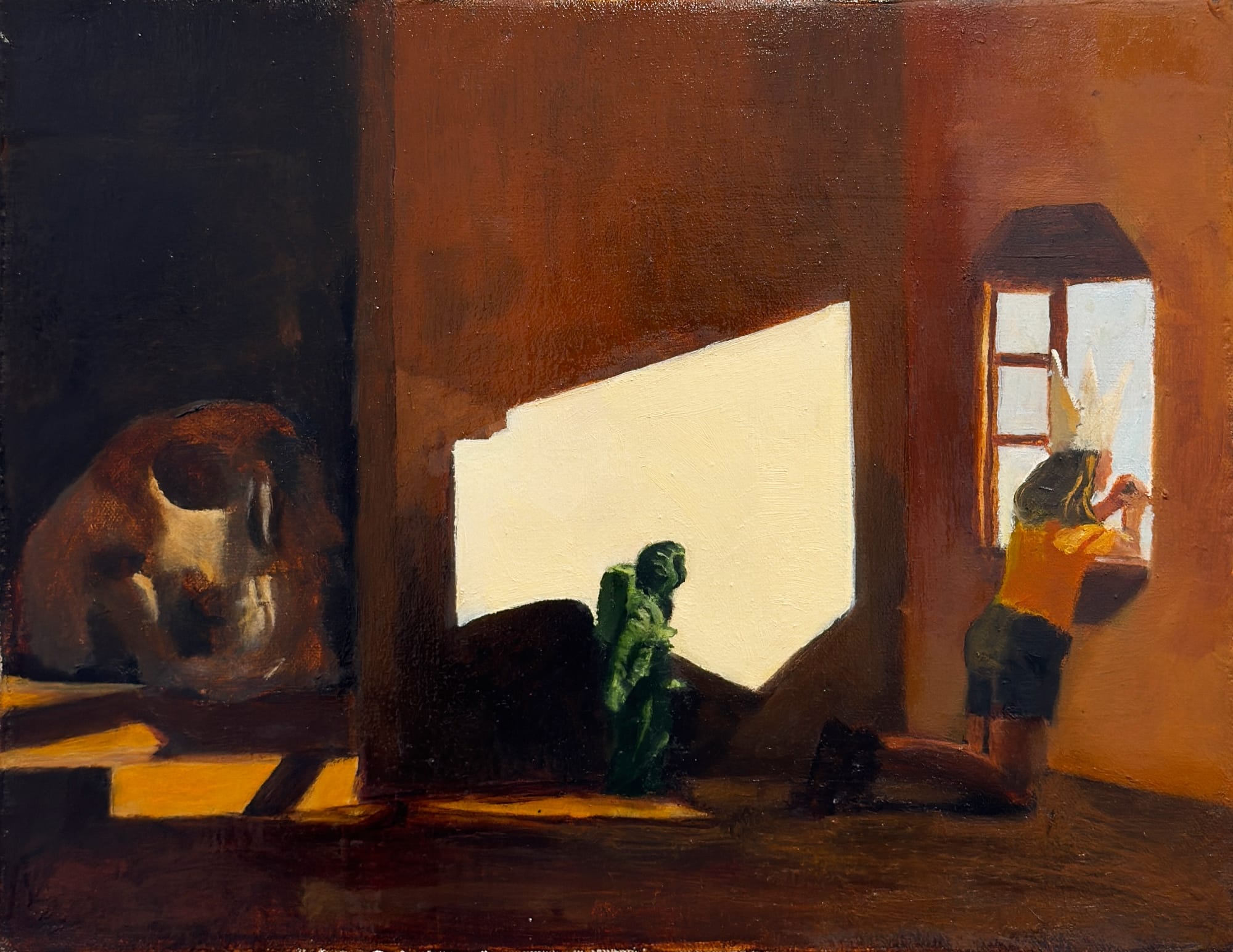 a painting by Isaiah Lee of a child in a paper crown looking out a window while a green army man stands behind and a large skull looms in the corner