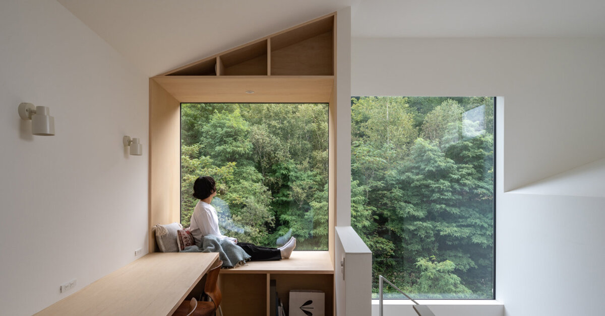 split-level timber house organizes layered interiors around japanese forest