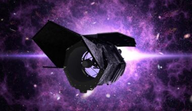 Image shows an illustration of the Nancy Grace Roman Space Telescope with a galaxy illustration in the background. Formerly known as WFIRST, is an upcoming space telescope designed to perform wide-field imaging and spectroscopy of the infrared sky.