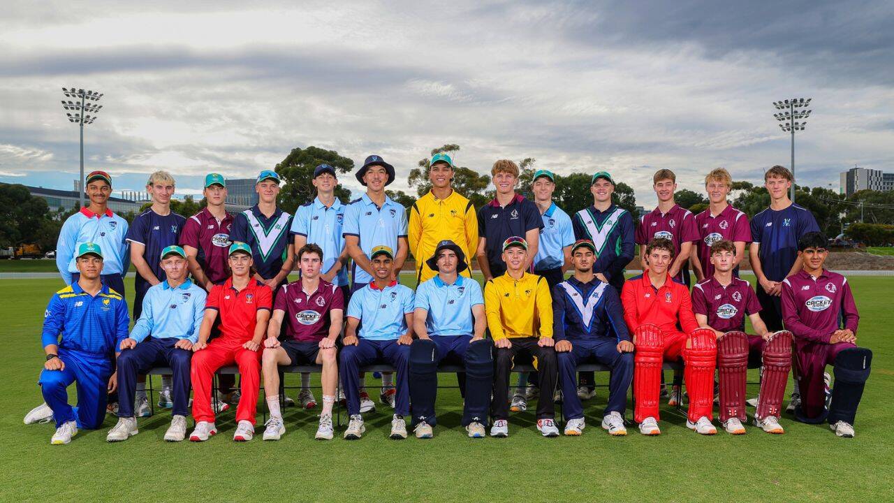 Neel Patel standing at the back in left corner with other Australia U-19 cricketers. (Photo Courtesy: Cricket Australia) Neel Patel