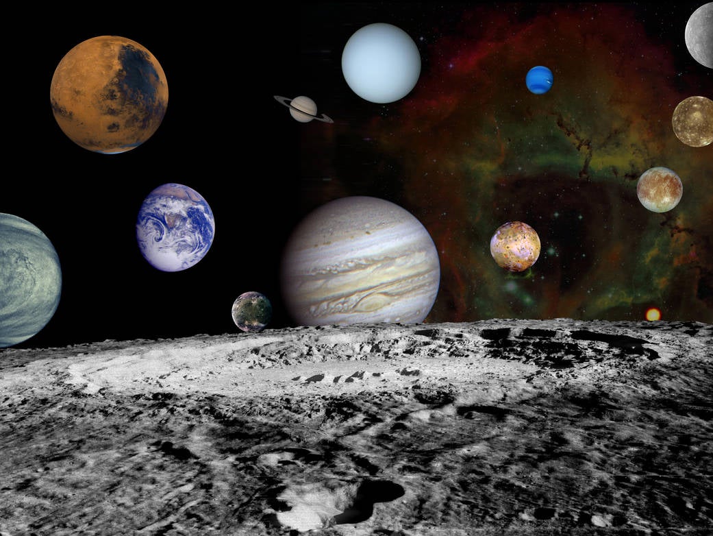 This montage of images taken by the Voyager spacecraft of the planets and four of Jupiter’s moons is set against a false-color Rosette Nebula with Earth’s moon in the foreground