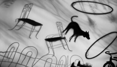 a black-and-white photograph by Susan kae Grant of silhouetted objects like chairs, a fence, and a child