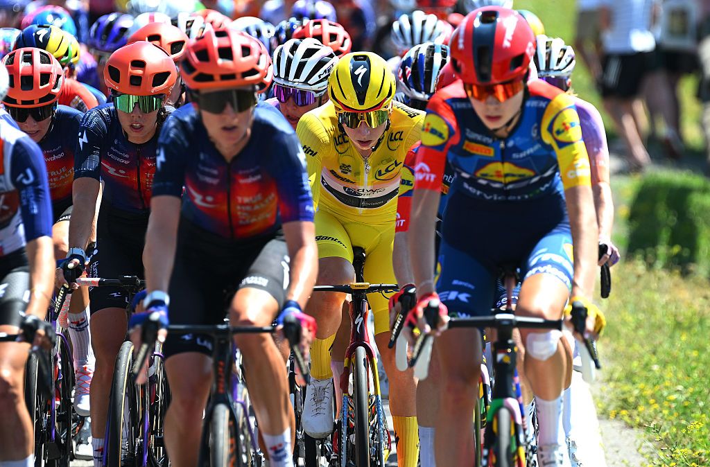 GENEVA, SWITZERLAND - AUGUST 02: (L-R) Carlotta Cipressi of Italy and Team Human Powered Health and Lorena Wiebes of Netherlands and Team SD Worx - Protime - Yellow leader jersey compete during the 5th Tour de France Femmes 2026, Stage 2 a 147.9km stage from Aigle to Geneva / #UCIWWT / on August 02, 2026 in Geneva, Switzerland. (Photo by Tim de Waele/Getty Images)