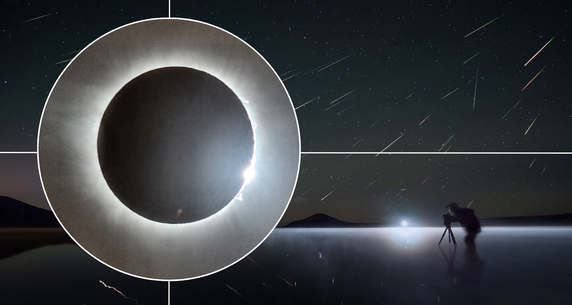 Perseid meteors are pictured streaking towards earth above a lake with an image of a totally eclipsed sun in an inset to the left, with white lines emanating outward.