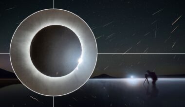 Perseid meteors are pictured streaking towards earth above a lake with an image of a totally eclipsed sun in an inset to the left, with white lines emanating outward.
