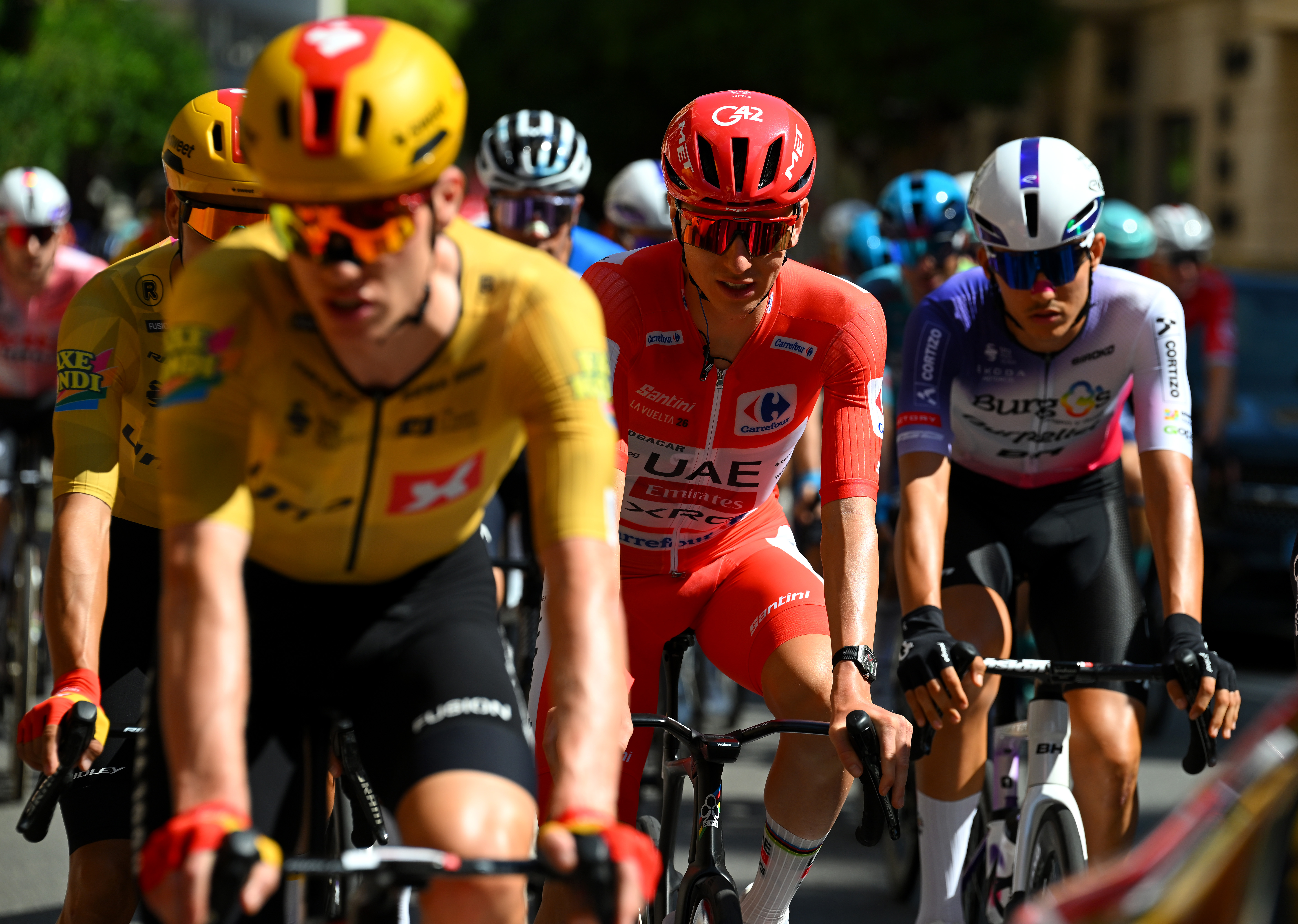 MONACO - AUGUST 23: Tadej Pogacar of Slovenia and UAE Team Emirates XRG - Red Leader Jersey prior to the La Vuelta - 81st Tour of Spain 2026, Stage 2 a 214.3km from Monaco to Manosque 408m / #UCIWT / on August 23, 2026 in Monaco, Monaco. (Photo by Tim de Waele/Getty Images)